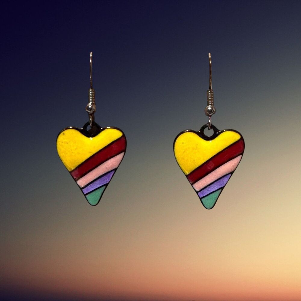 Rainbow Enamel Heart Charm on Black Earrings #2239